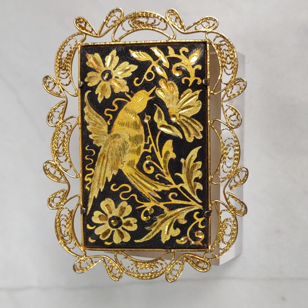 Vintage Damascene Filigree Brooch